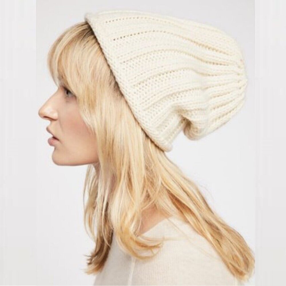 Free People Rory Ribbed Slouchy Ivory Beanie Hat